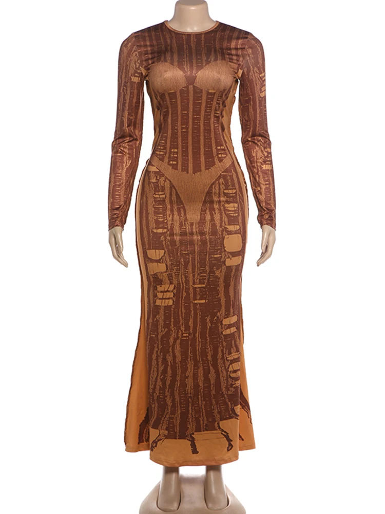 Weird Puss Bikini-Print Langes Kleid Damen Herbst-Trend Gestreiftes Patchwork O-Ausschnitt Langarm Eng Anliegend Stretch Street-Style Vestidos – Detail 3
