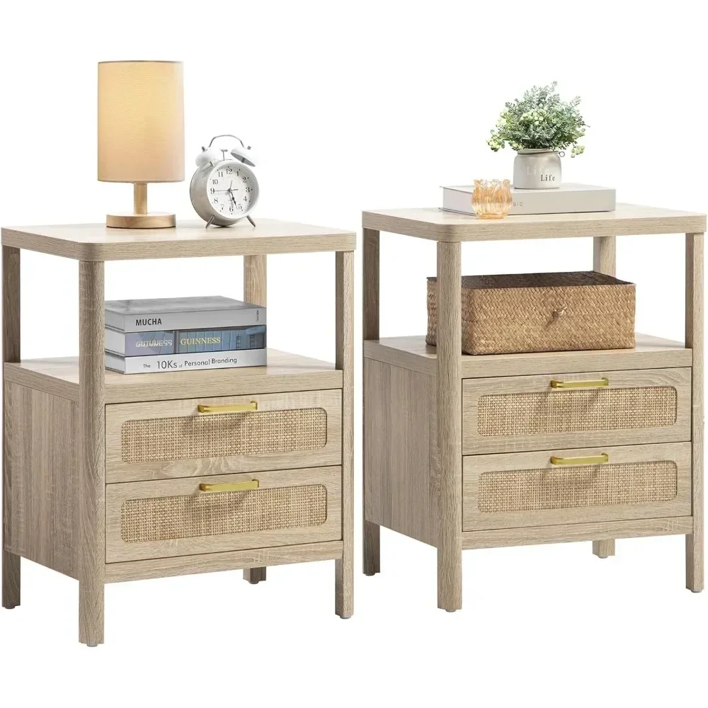 

Rattan Nightstands Set of 2 - Bedside Tables with 2 PE Rattan Drawers, Night Stand with Open Wood Shelf, Farmhouse Bed Table