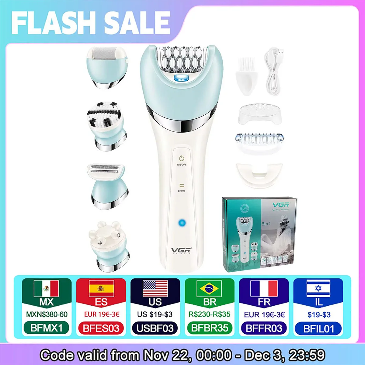 VGR Epilator 5 In 1 Electri Women Epilator Female Shaver Leg Body Hair Remover Lady Bikini Trimmer Facial Cleaning Massage V-703