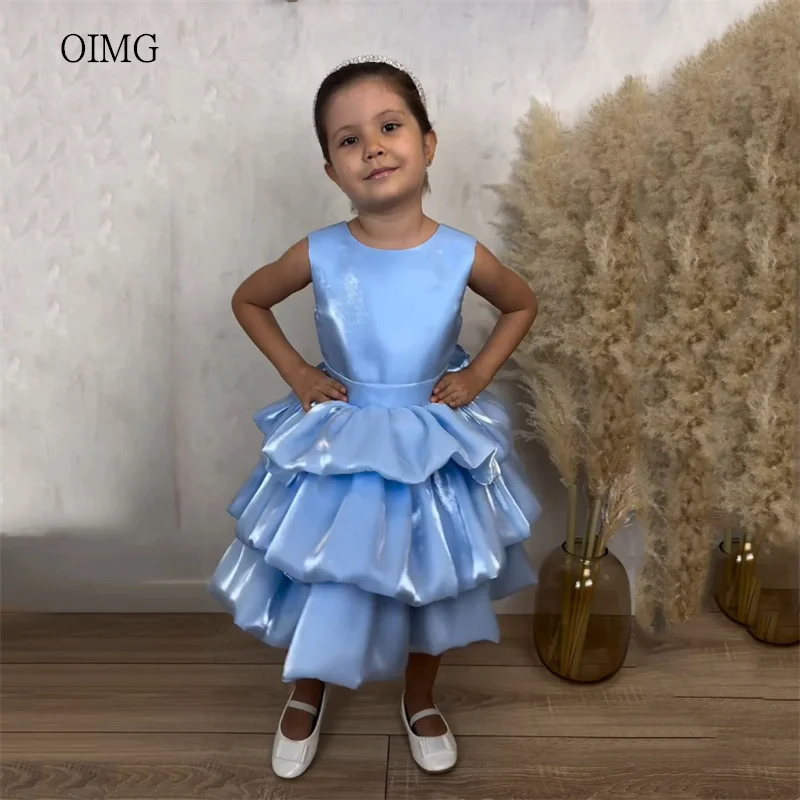 

Небесно-голубое платье OIMG с рюшами и цветочным узором для девочек, платье с круглым вырезом для свадебной вечеринки, длиной до щиколотки, на день рождения, 2026, на заказ