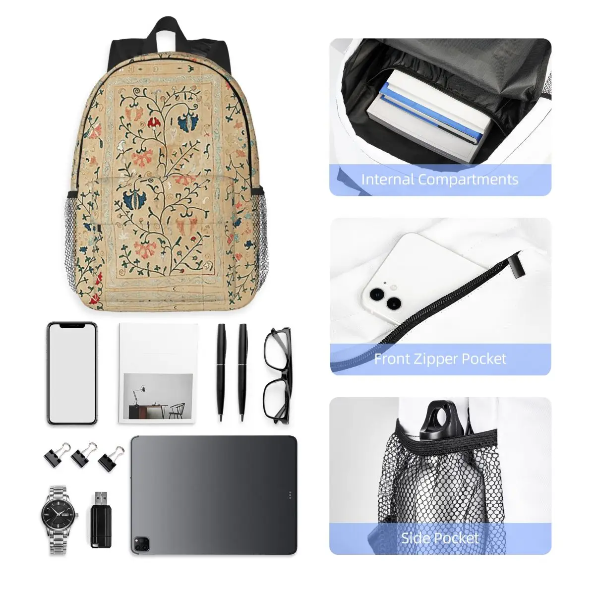 Usbekistan Suzani Nim Stickerei-Rucksack, heiß begehrter Tagesrucksack, große Kapazität, für Jungen und Mädchen, Büchertasche, Umhängetaschen, für Männer und Frauen, Schultasche