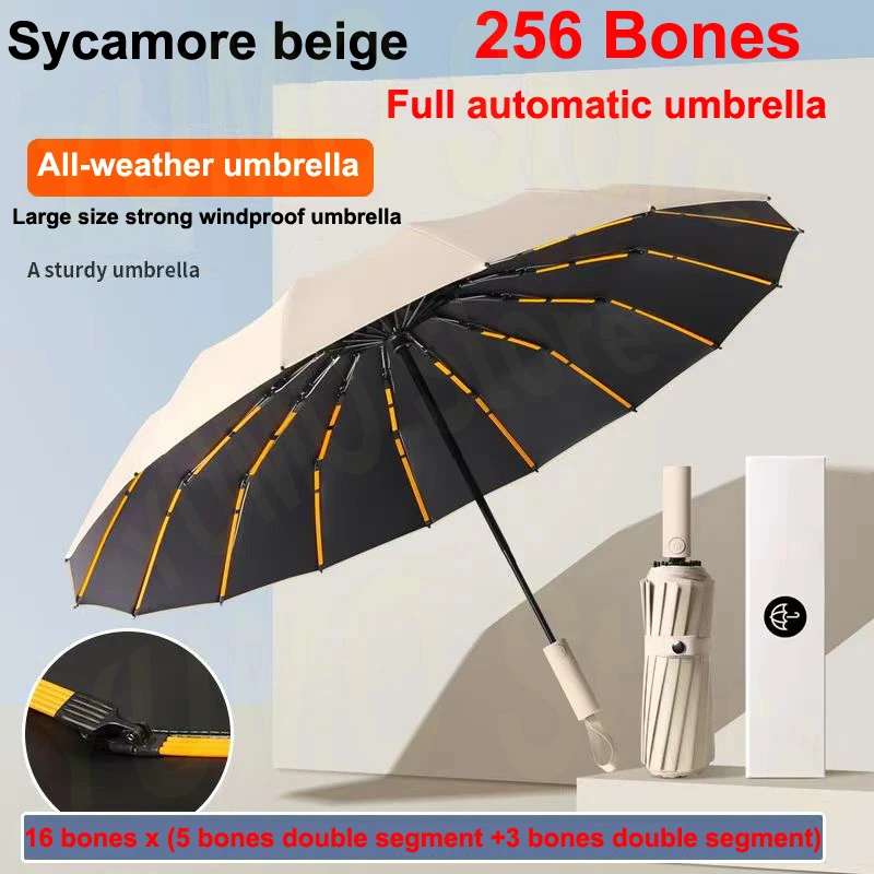 256 Bones Super Windproof Rain Umbrella Large Size Full Automatic Men Business Umbrellas Three Fold UV Protection Lady Sunshade