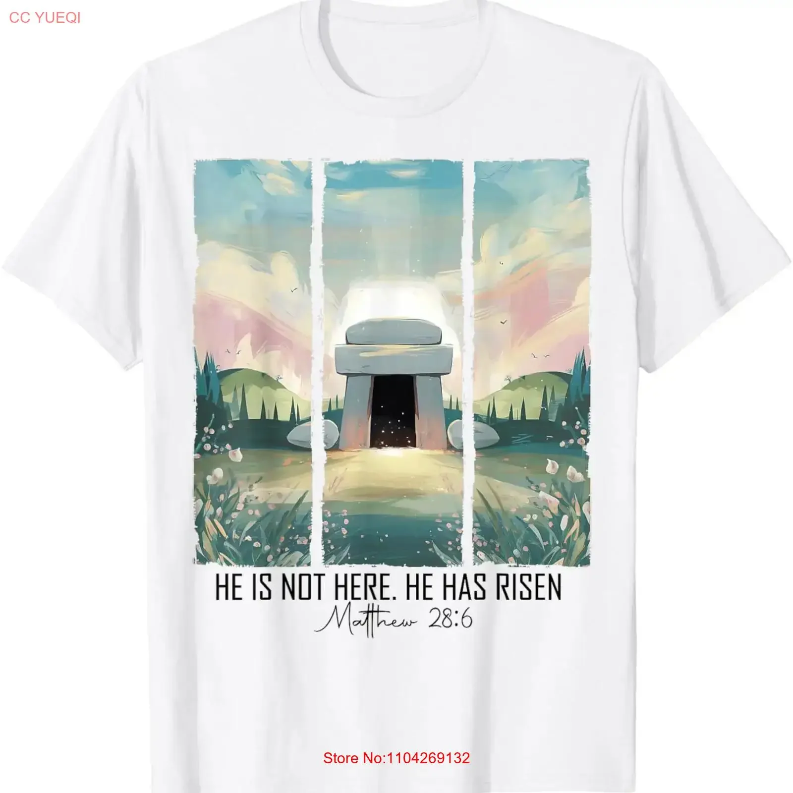 T-shirt homme vintage lavé, confortable et polyvalent, avec motif graphique « Il est ressuscité », thème Pâques chrétienne et Résurrection de Jésus, légèrement usé.