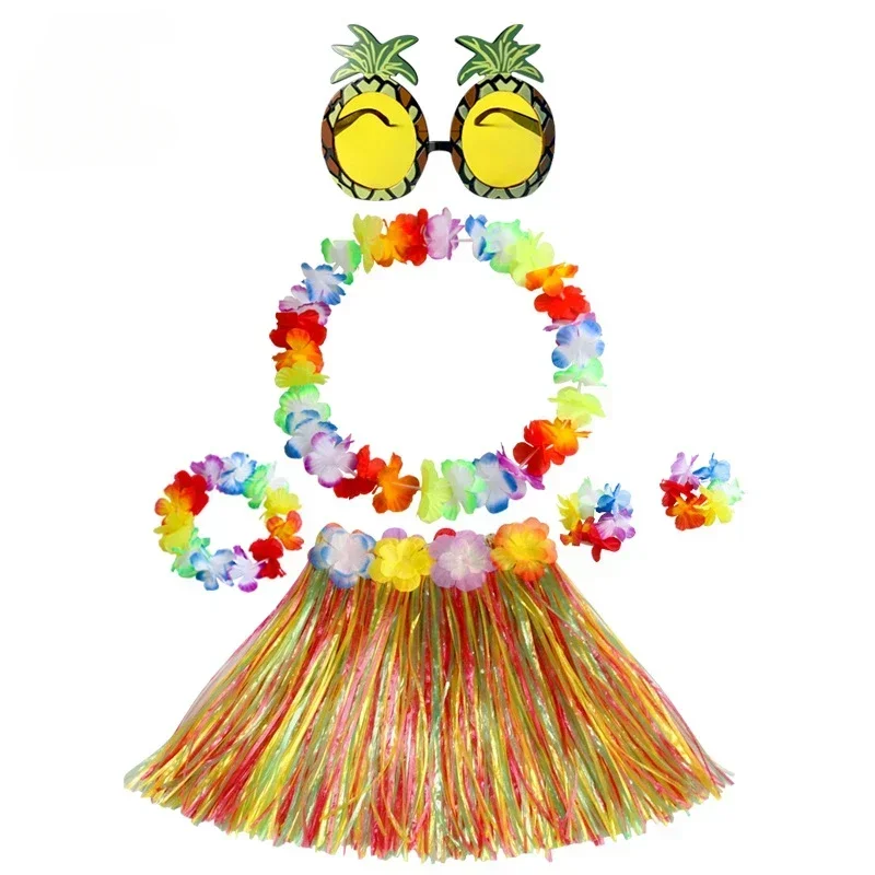 30 cm Kinder Mädchen Hawaiian Leis Halskette Gras Rock Brille Hula Tanz Kostüm Set Kranz Armband Tropical Luau Party Festival