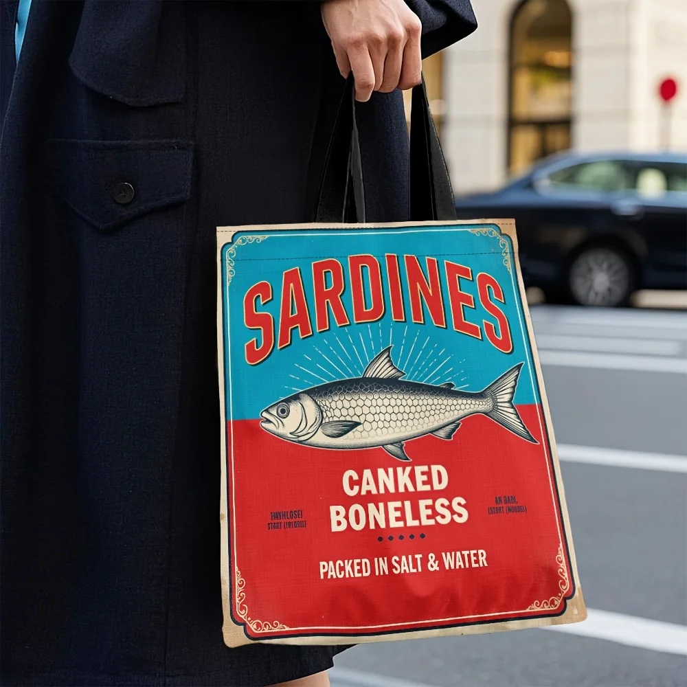 1 قطعة حمل حقيبة خمر السردين نمط أكياس البقالة قابلة لإعادة الاستخدام للتسوق ، حقيبة يد يومية حقيبة مقبض دائم ، حمل الحقائب