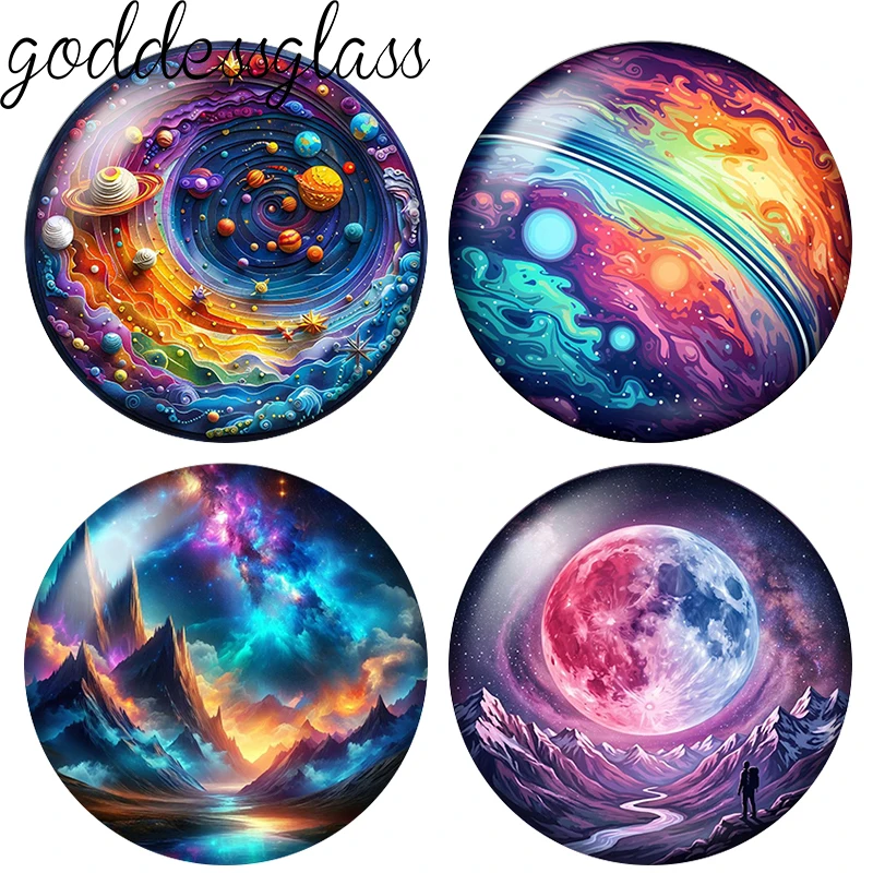 Cosmos Starry Sky Earth Planets aurora Moon 10pcs 12mm/20mm/25mm Round photo demo glass cabochon flat back Making fittings