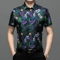 Mulberry Silk Blend Premium Shirts For Men Short Sleeved Casual Summer Quality Smooth Comfortable Floral Print Camisas De Hombre