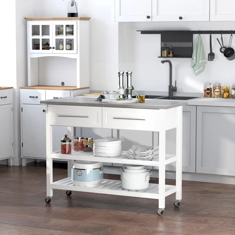 Kitchen Island Rolling Utility Trolley Cart with 2 Drawers Stainless Steel Top - White rolling cart