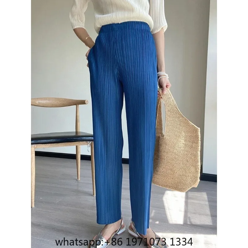Spring Summer Autumn Women Casual Elegant Ladies Miyake Designer Casual Loose Straight Pleated Pants High Waist Trousers