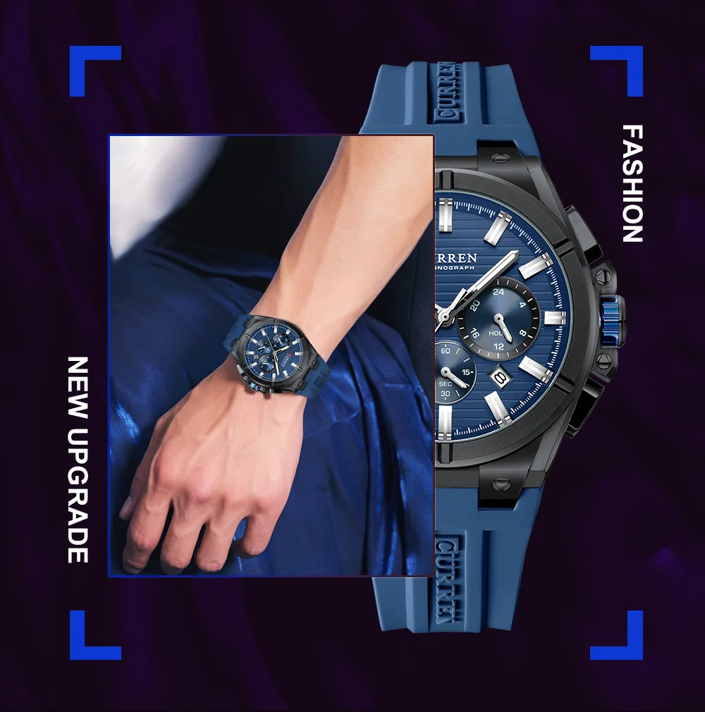 CURREN Herren-Luxus-Chronographenuhr mit 44-mm-Gehäuse, modische Quarz-Armbanduhr, lässiges Sport-Silikonarmband mit automatischem Datum. – Detail 3