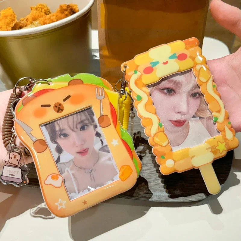 Kawaii Capybara Sandwich Photocard Frame Cartoon French Fries Photocard Holder with Chain 3 Inch Kpop Card Display Wholesales