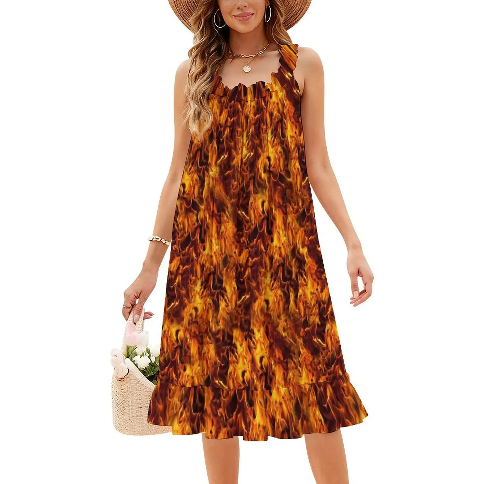 불꽃 패턴 프레피 스타일 미니 드레스 여성용 A라인 루즈핏 캐주얼 데이 드레스 불타는 불꽃