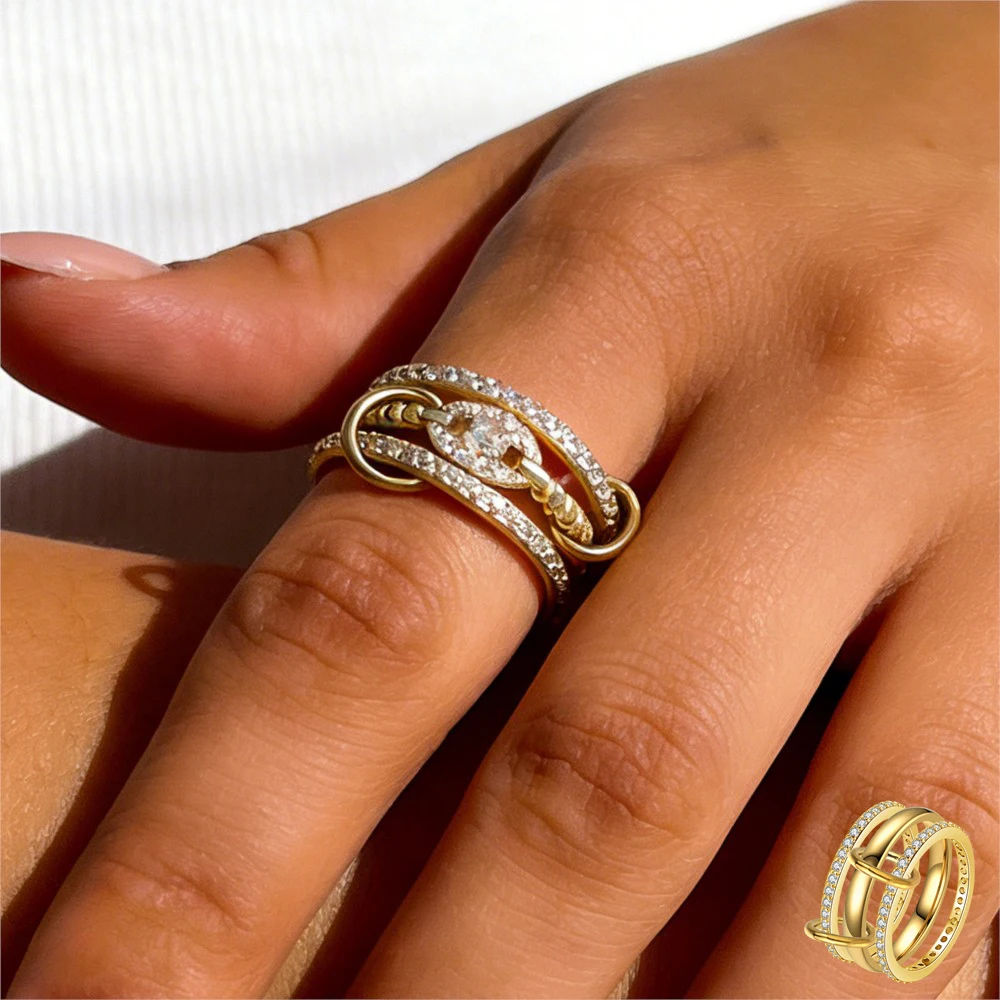 Gold Color Stainless Steel Spinelli Kilcollin Rings Set For Women Light Luxury Iced Out Multi Layers Ring Fashion Finger Jewelry