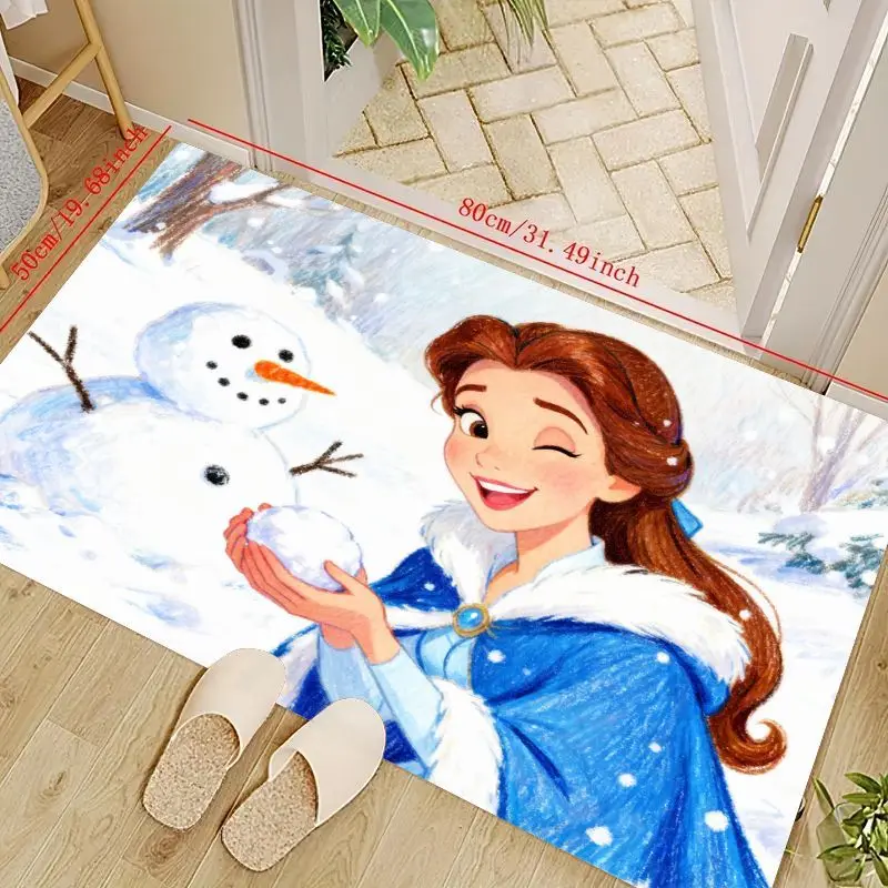 

1PC Disney Princess Belle Winter Snowman Floor Mat, 50x80cm (19.68x31.49inch) Cute Cartoon Area Rug, Non-Slip Soft Carpet for Ki