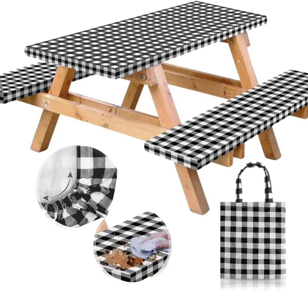 

Waterproof Windproof Picnic Table Cover Set with Bench Covers, 6ft Outdoor Elastic Edges for Camping RV Gear, 4 Pcs Black