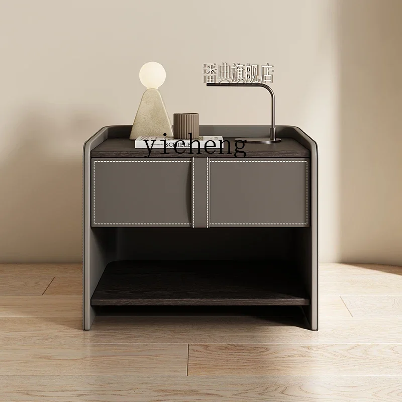 X5-18 Bedroom Storage Solid Wood Bedside Cabinet Saddle Leather Bedside Table Shelf
