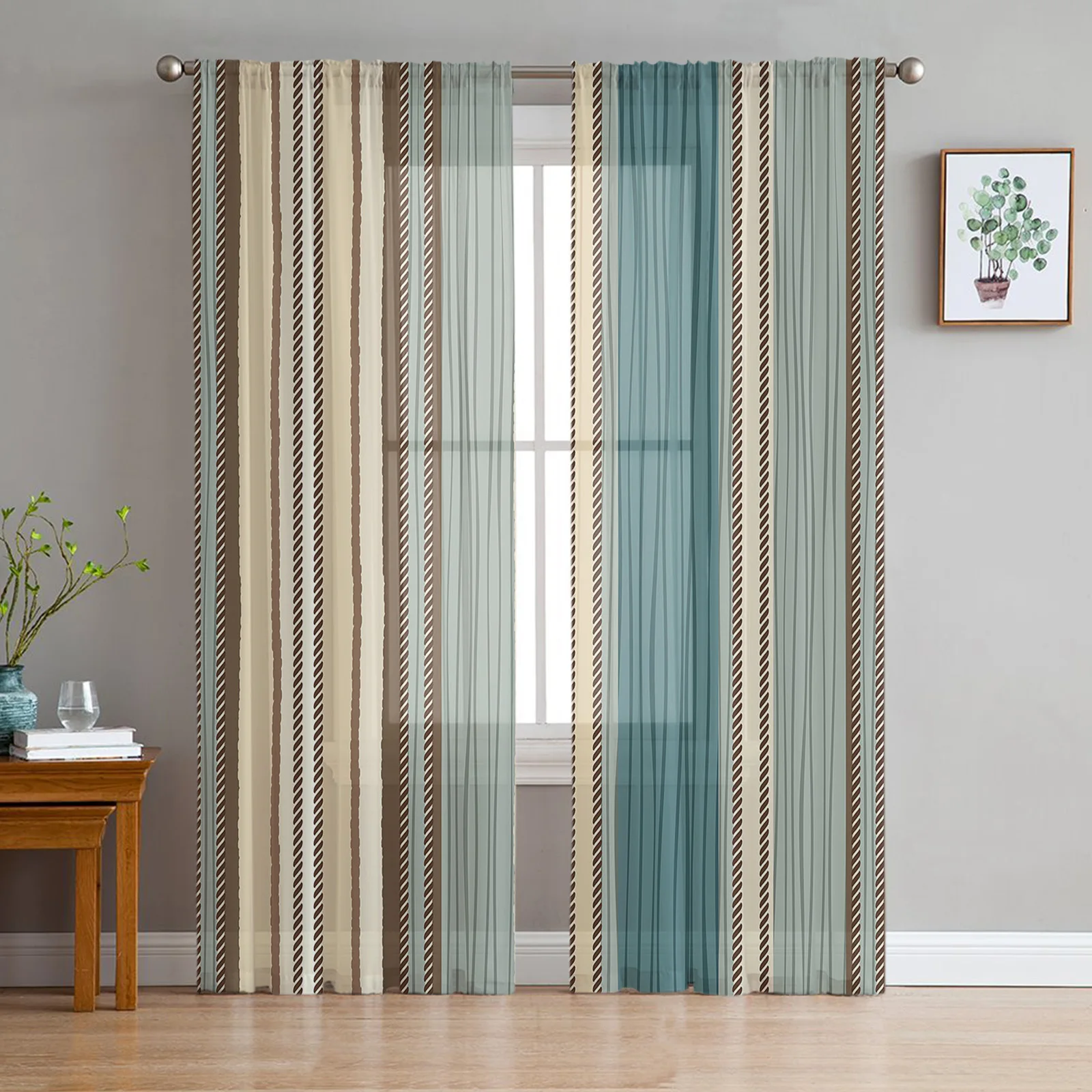 

Striped Boho Teal Chiffon Sheer Curtains for Living Room Bedroom Home Decoration Window Voiles Tulle Curtain