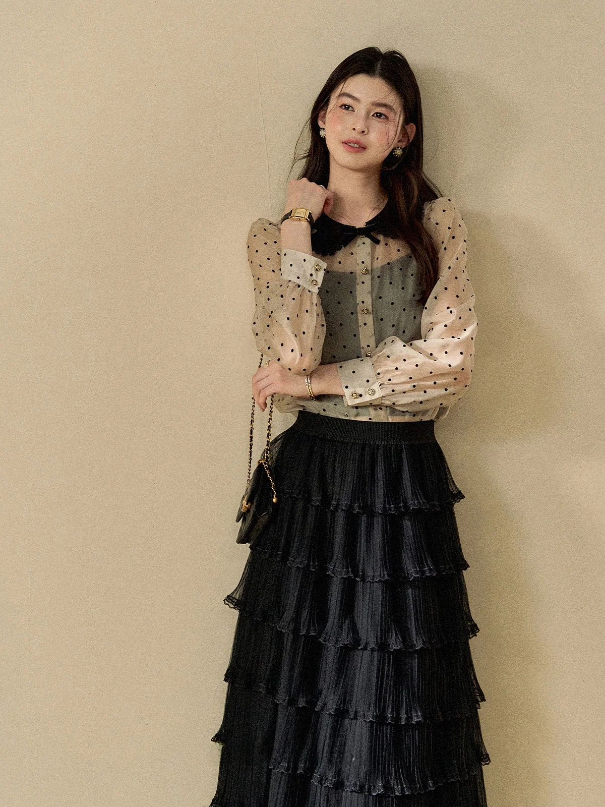 

Aunt Deer Auntie Zhuo Retro Polka Dot Doll Collar Long Sve Women's irt Thin Early Autumn Inner Wear Casual Loose Fit