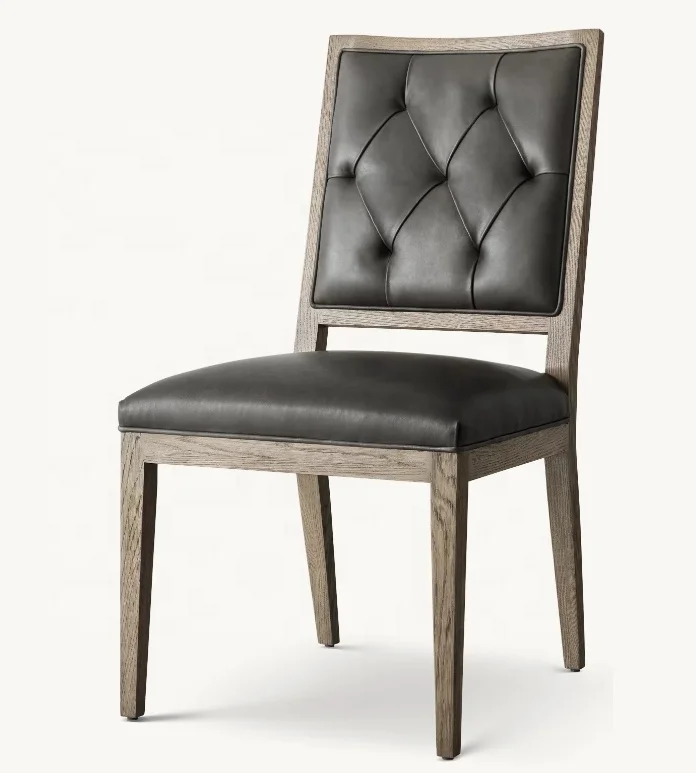 High quality solid oak dining chair French modern tufted square leather dining chair