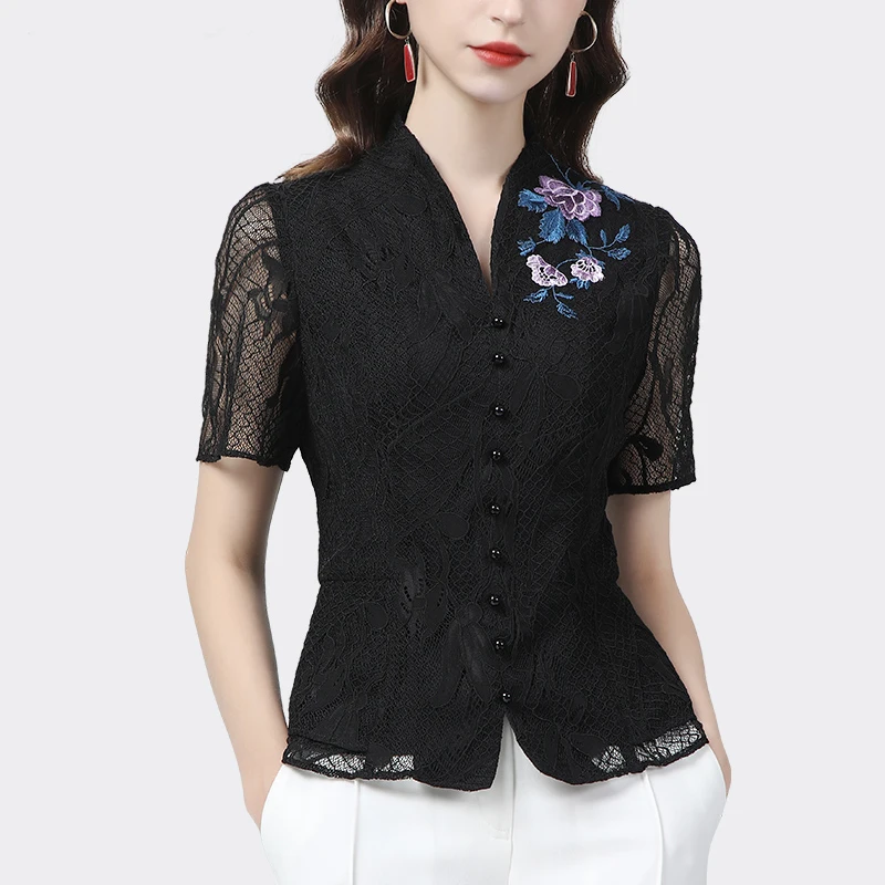 

Vintage Embroidered Black Lace Blouse 2024 Summer Close-Fitting Short Sleeve V-Neck Top Beaded Hollow Ladies Casual Work Shirts