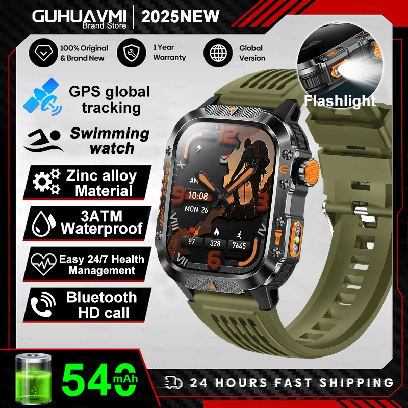 2026 Nieuwe Militaire Smartwatches Mannen 10ATM Waterdicht Zwemmen GPS Bluetooth Oproep 2.01 "AMOLED HD Sport Zaklamp Smart Horloge Mannen