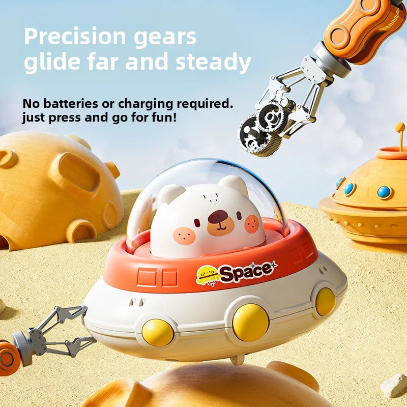Coche de juguete de aprendizaje temprano para niños pequeños, coche con platillo volador Press-and-Go con mecanismo de retorno alimentado por inercia, regalo de educación temprana