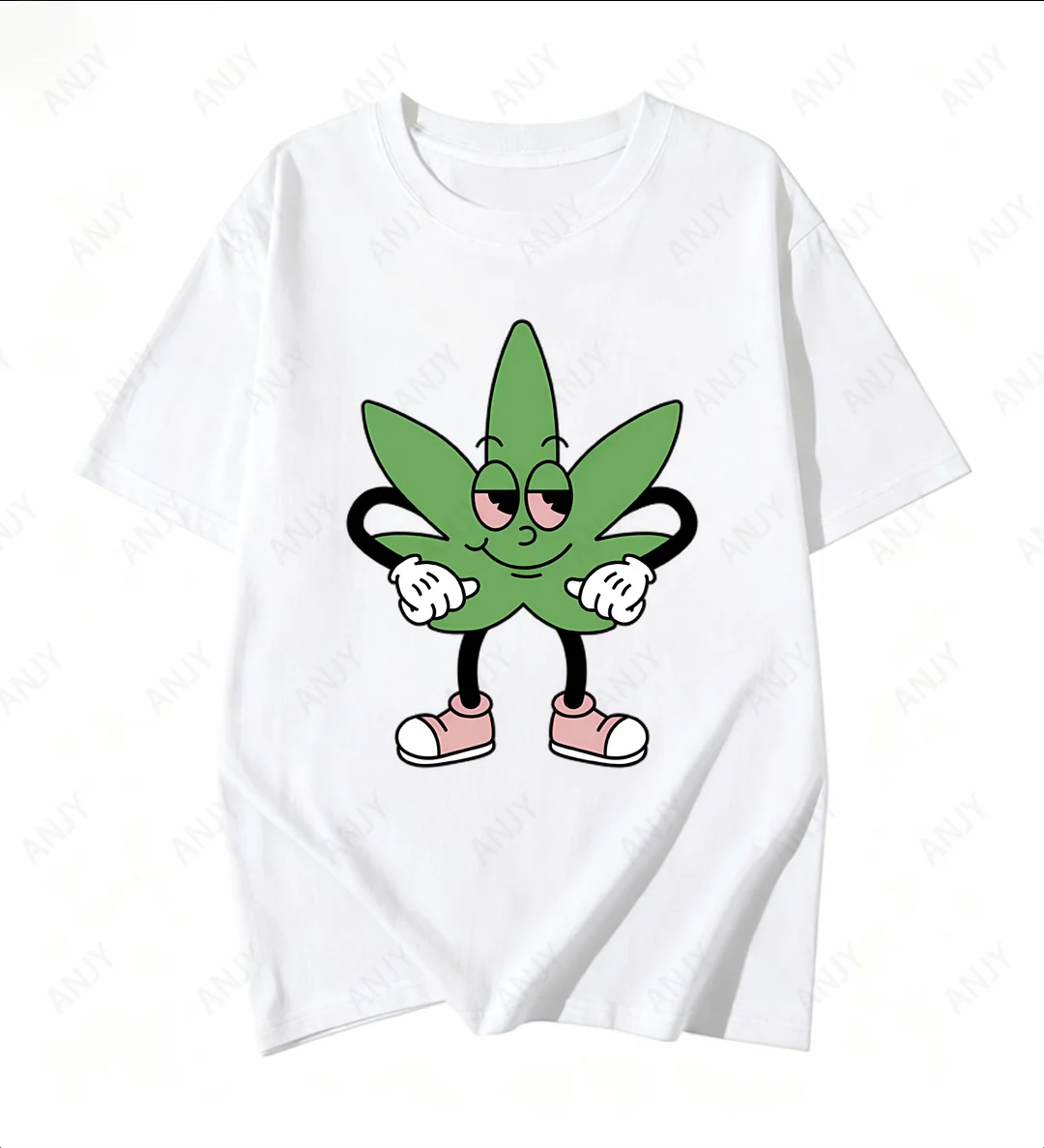 Fun-and-Funny-Smiling-Face-Marijuana-Leaf-Pattern-T-shirt-Cartoon-Style-Pure-Cotton-Round-Neck-Versatile-Short-Sleeved-Top