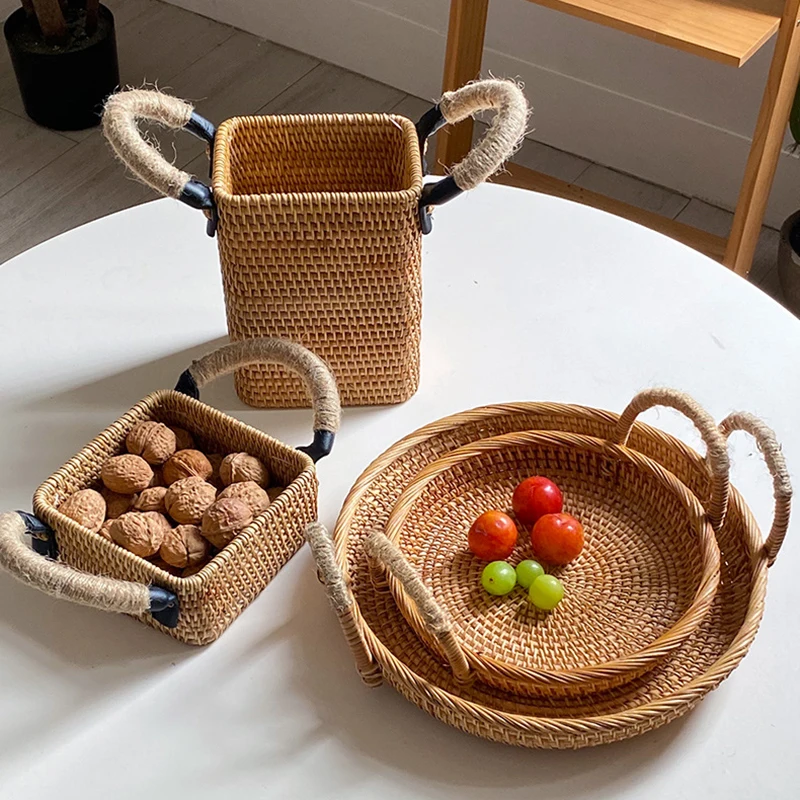 

Handmade Rattan Serving Tray, Double Ear Tea Tray, Fruit Plate, Bread Snack Basket, Storage Woven Basket