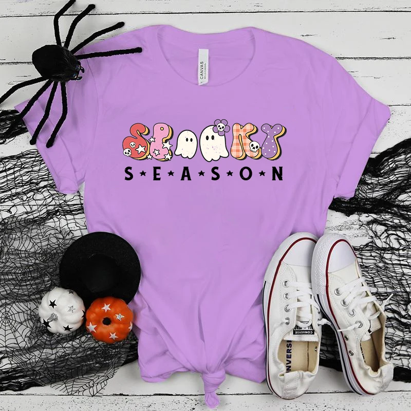 Camisetas estampadas para temporada de Halloween Boo Spooky feminina, camiseta de verão, manga curta casual feminina, gola redonda, premium, verão