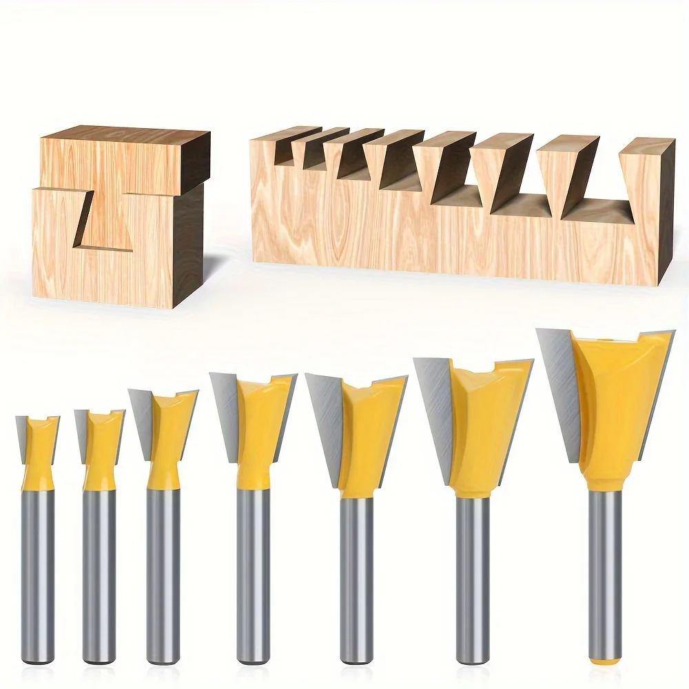 7 Pcs，6.35mm ShankYellow Dovetail and Straight Router Bit Set Tungsten Steel Woodworking Milling Cutter for Mortise and Tenon Jo