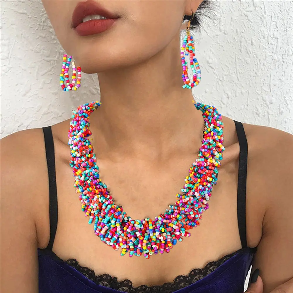 

Ethnic Style Rice Bead Winding Necklace Earrings Set Bohemian Color Accessories eBay AliExpress Explosion