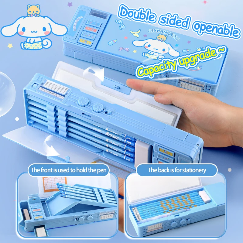 Astuccio per matite Kawaii Cinnamoroll Kuromi Melody Astuccio multifunzione a doppio strato con serratura codificata di grande capacità Cancelleria per studenti