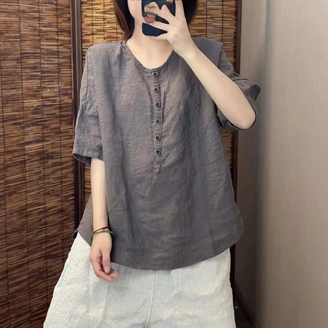 2026 Summer New Women Retro Cotton Linen Shirt Round Neck Short Sleeve Open Front Top Loose Versatile Age reducing Casual Blouse