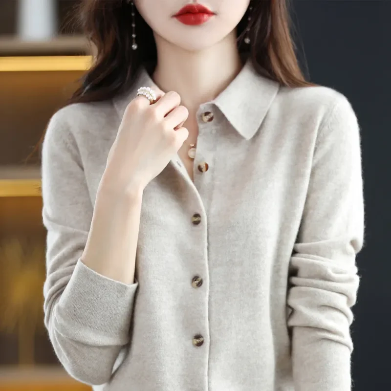 Women\'s Lapel Pure Wool Cardigan Autumn And Winter New Merino Cashmere Sweater Long Sleeve Formal Knitting Top S-XXL