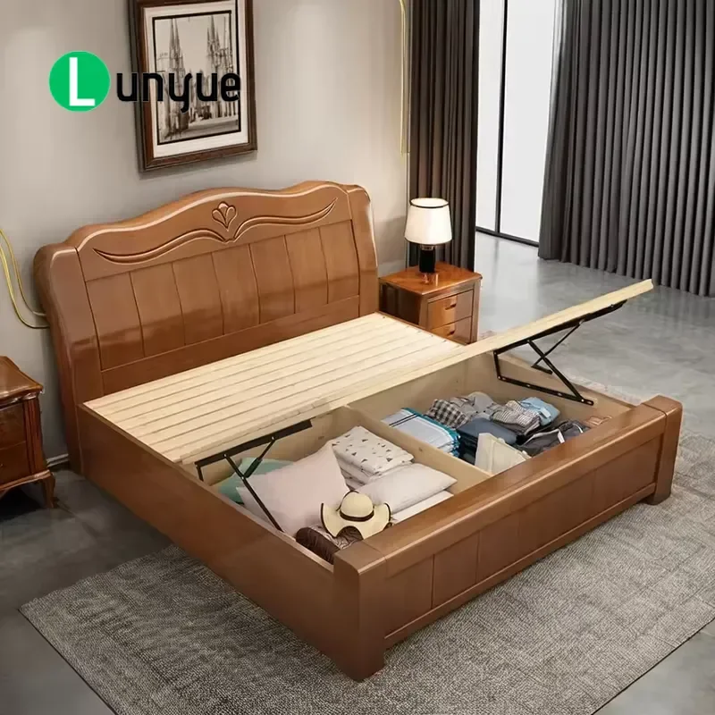 European Modern Solid Oak Platform Bed with Storage Space Saving Durable Eco Friendly Large King Size Bedroom Furniture