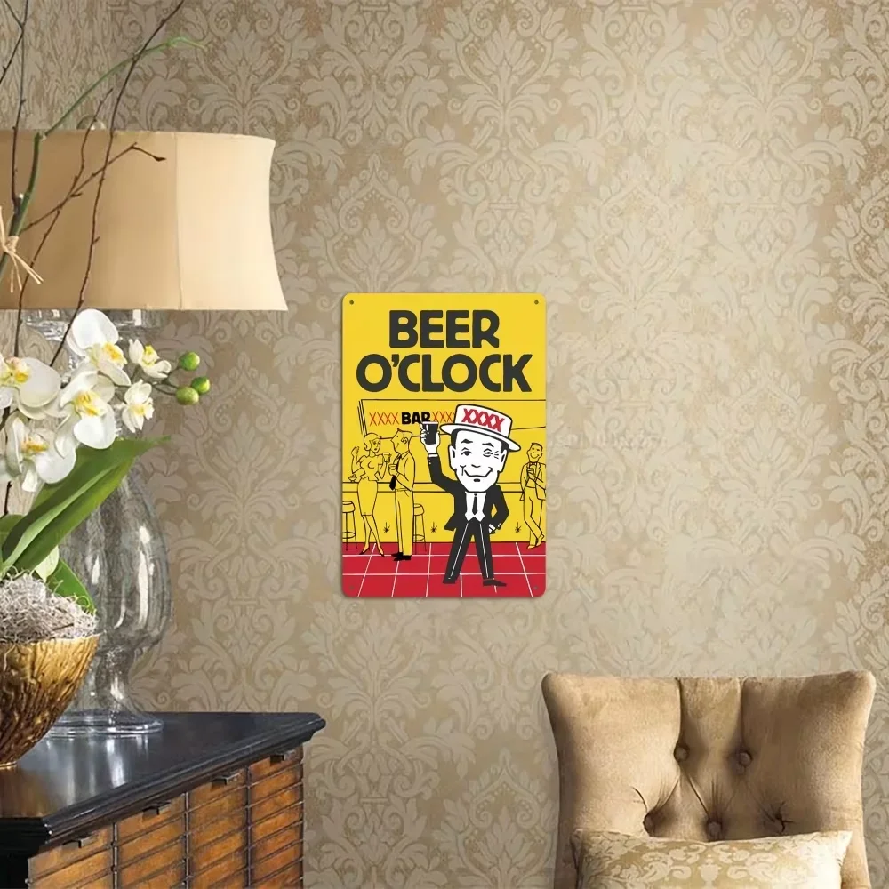 لافتة معدنية "Beer O'Clock" غير منتفخة - ديكور قديم مع أنماط كرتونية ممتعة، مادة متينة مقاومة للصدأ، مثالية للنوادي والكراجات