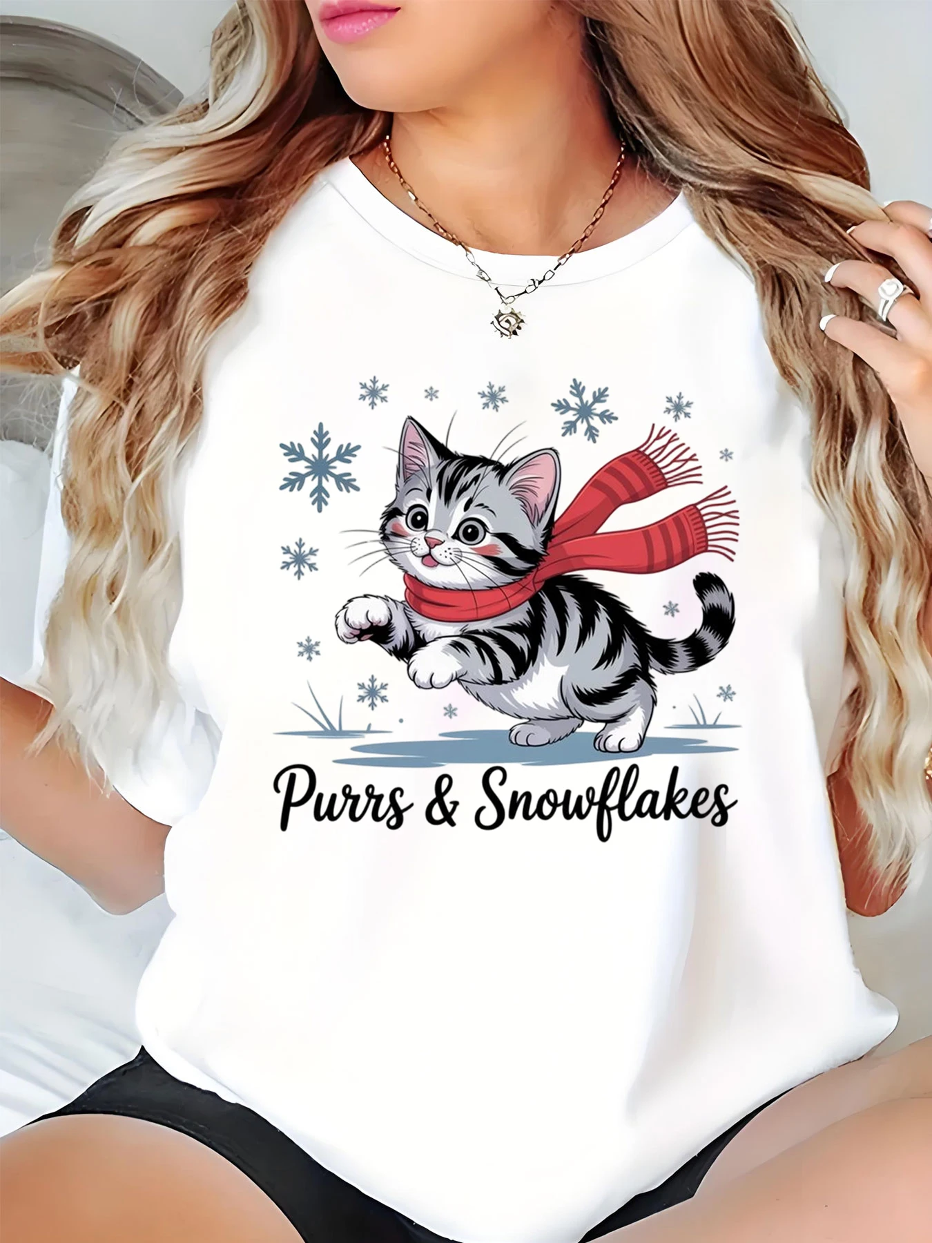 

Женская футболка с милым кошачьим принтом Purr & Snowflakes, повседневный зимний праздничный топ для женщин