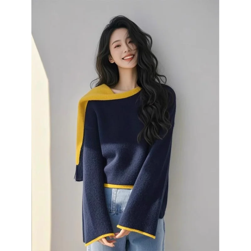 Pull Design de Style paresseux pour femmes, haut à la mode, nouveau col écharpe, pull intérieur tendance, printemps et automne