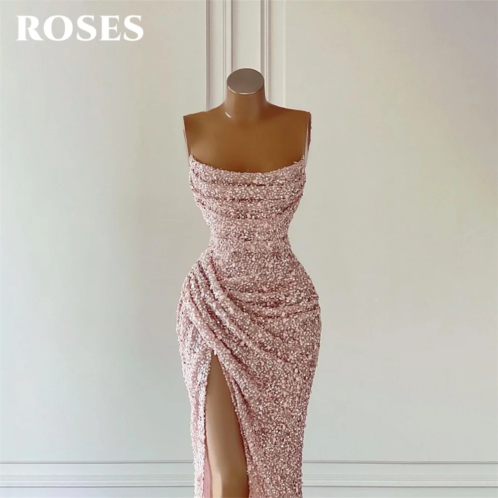 ROSES Pink Glitter Formal Dress Side Split Party Dress For Wedding Pleat Sleeveless Mermaid Special Occasion Dresses robe soirée