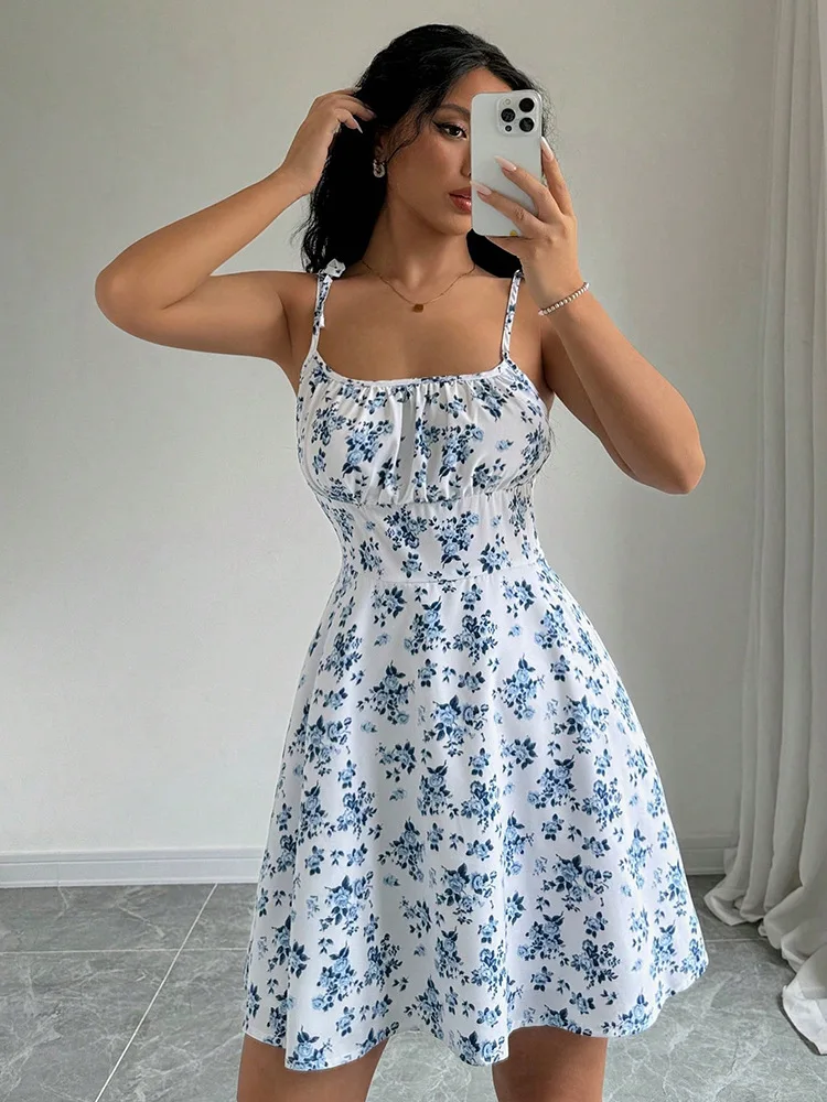 2025 Sommer Neues Europäisches und Amerikanisches Blumen-Trägerkleid für Damen, Kurzer Stil, Schlank und Sexy A-Linien-Rock – Detail 2