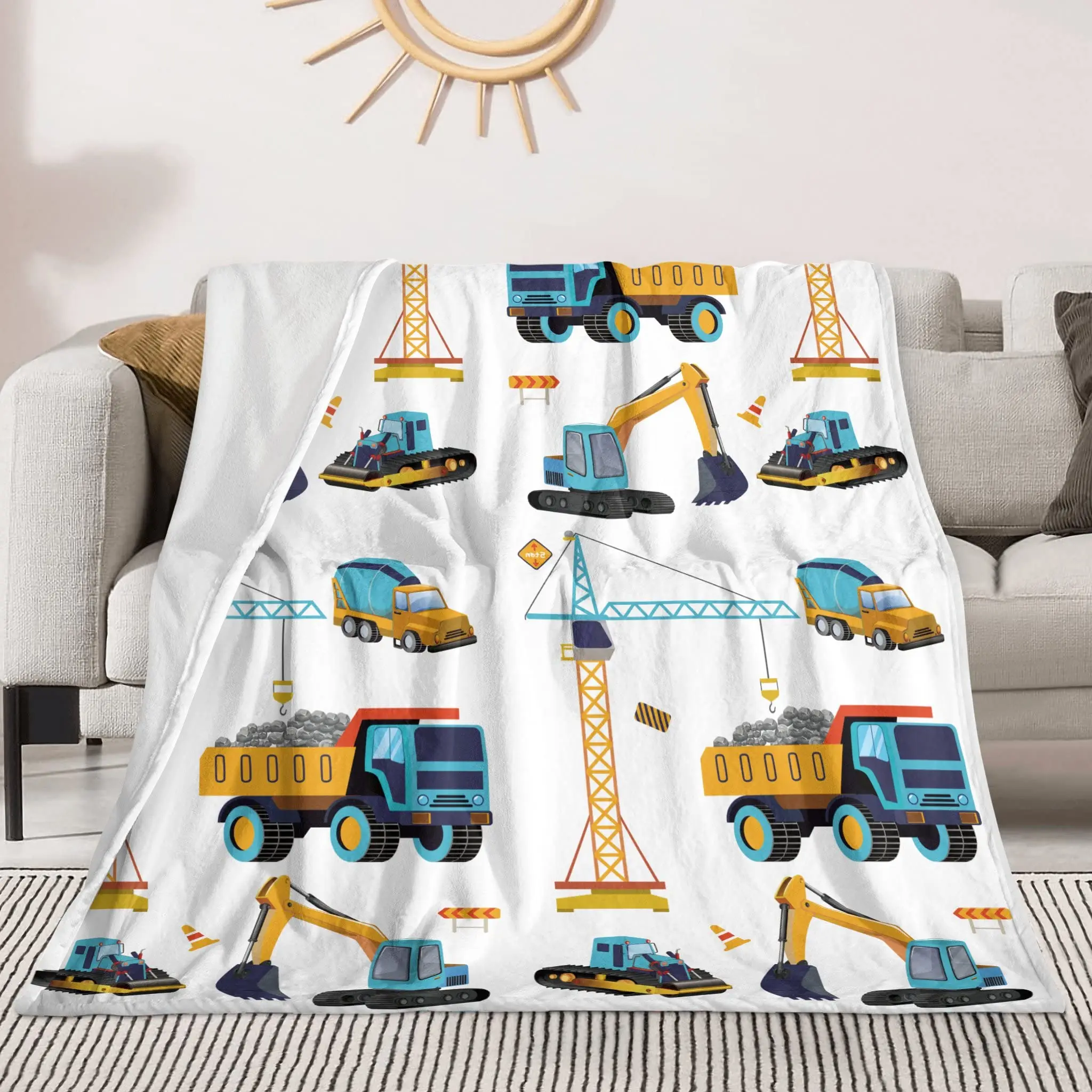 Couverture jaune de camion de construction pour garçons, dessin animé, tracteur, voitures, glouton, toutes saisons, enfants, EbSofa