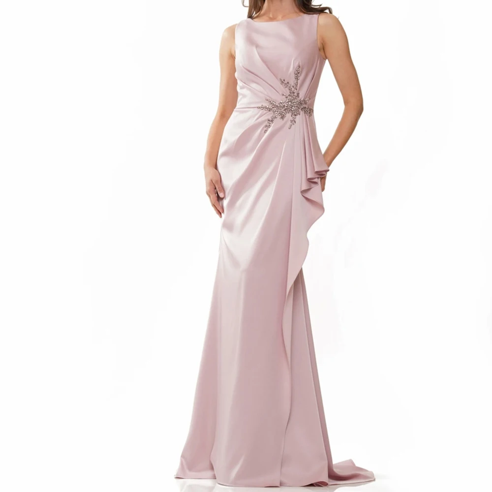 

Элегантный атласный шлейф без рукавов по индивидуальному заказу, прямой, длиной до пола, с открытой спиной и кристаллами, с оборками и скользящим шлейфом, классический вечерний доктор