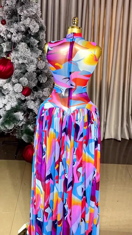 Damen 2026 Frühjahr Mode Batik-Druck Illusion Plissiertes Maxikleid Ärmellos Tailliert Elegante Partykleider – Detail 7
