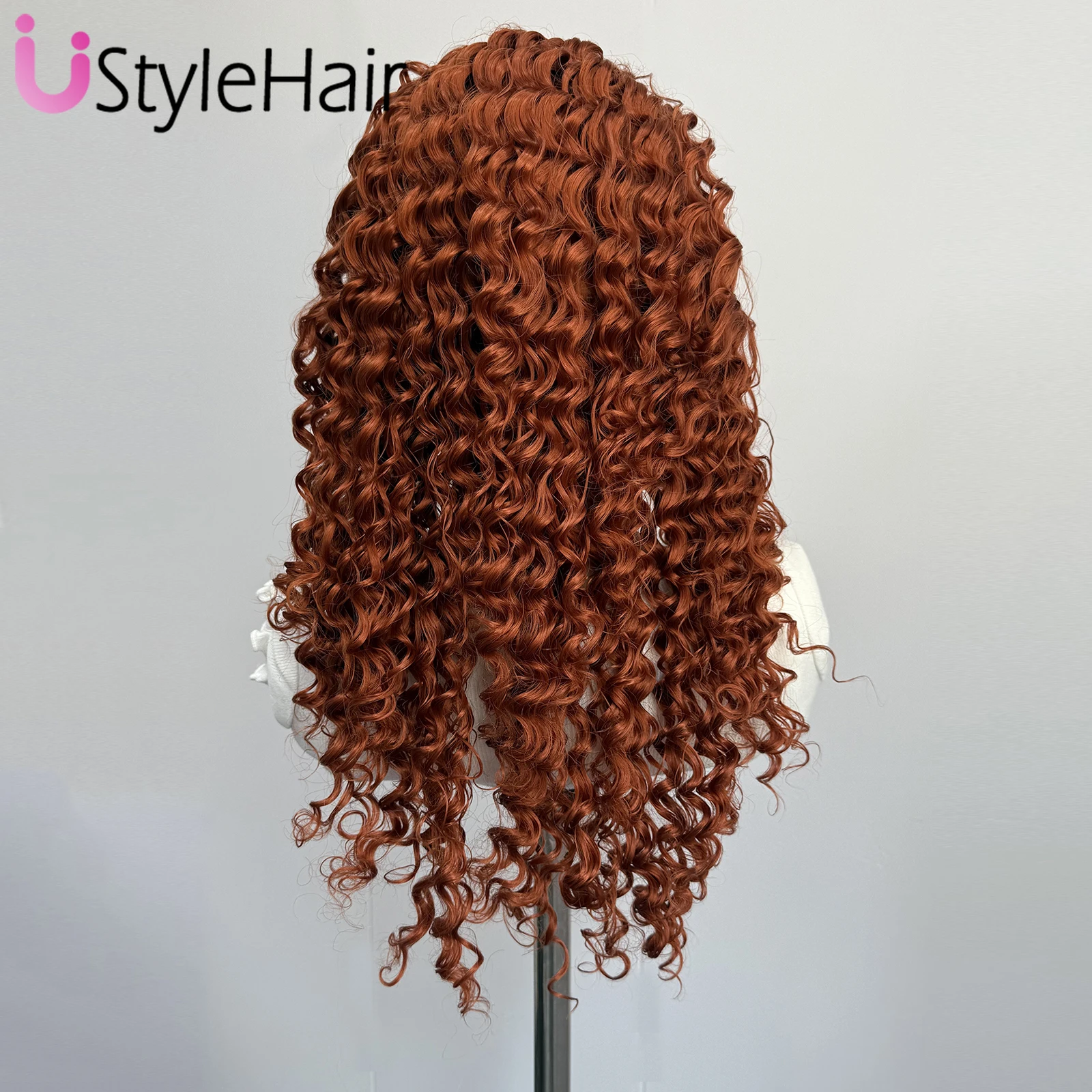 UStyleHair Wig Keriting Panjang Merah Tembaga 13X4 Wig Depan Renda Sintetis Tanpa Lem untuk Wanita Cosplay Pakaian Sehari-hari Serat Tahan Panas