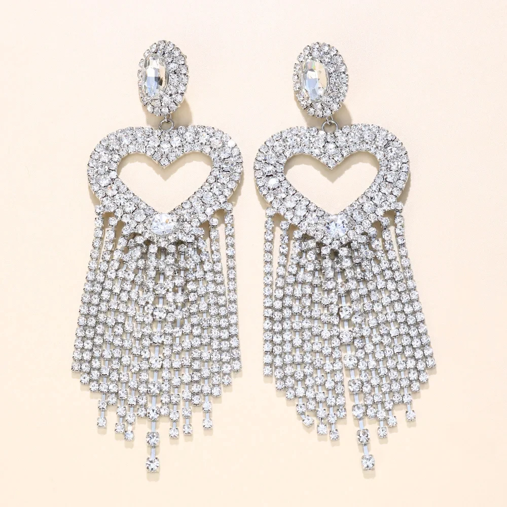 Fashion Heart Tassel Earrings Rhinestone Wedding Shiny Large Crystal Earrings Long Dangle for Women Party Drag Queen Jewelry