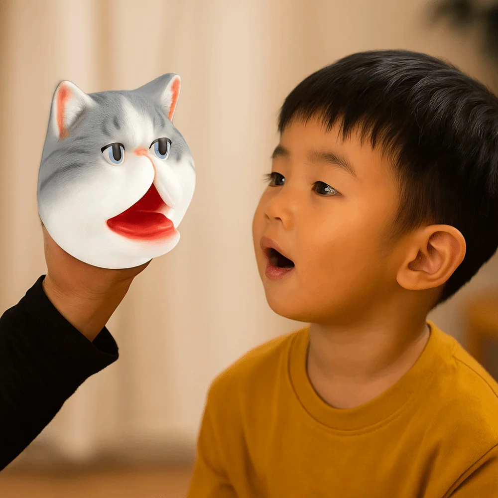 Kawaii Vinyl Animal Head Hand Puppet Soft Interactive Cat Figure Gloves Simulation Educational Pet Cat Head Model Halloween