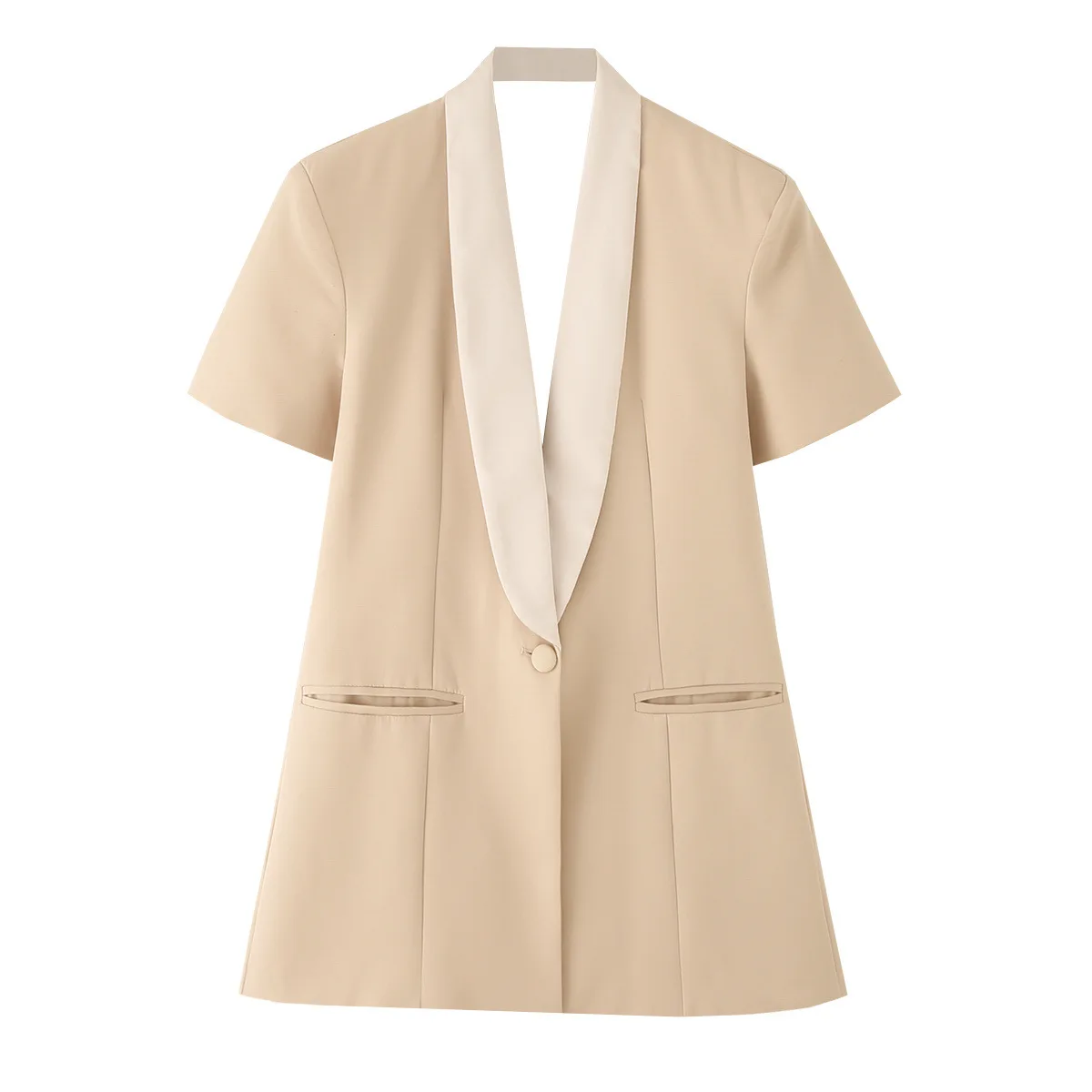 

Women's Short Sleeve Contrast Color Collarless Jacket Backless Suiting Outerwear Fall European Style Trade