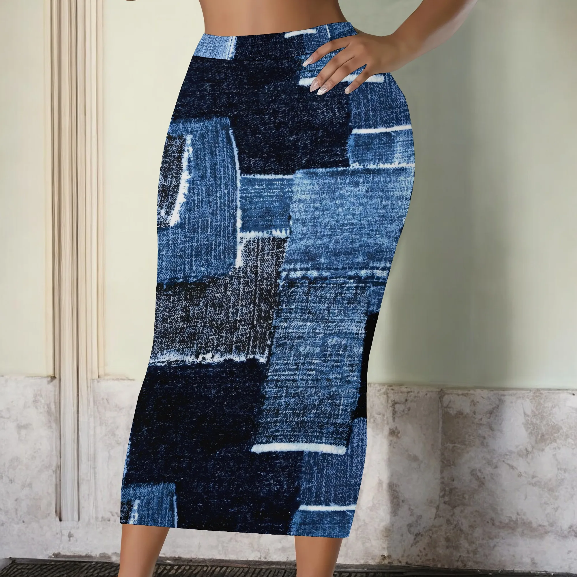 

Trendy Patchwork Look Midi Skirt Vintage Denim Wash Print Slim Fit Casual Streetwear