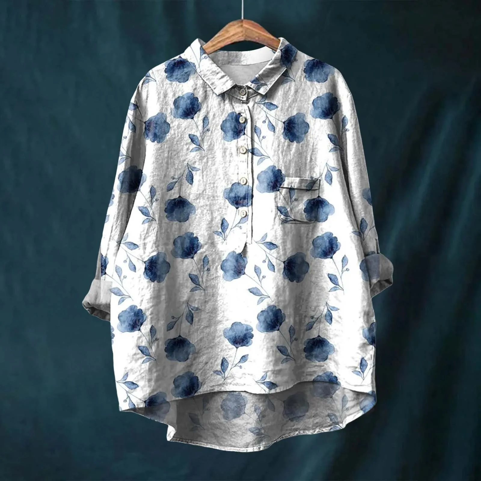 

Flower Pattern Printed Women's Lapel Neck Casual Cotton And Linen Long Sleeve Shirt Ladies under Shirts Ladies Raglan Tees