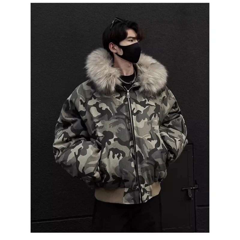سترة رجالي مغسولة مموهة بأكمام راجلان وياقة من الفرو معطف شتوي سميك ودافئ ملابس الشارع الشهير Harajuku Fashion